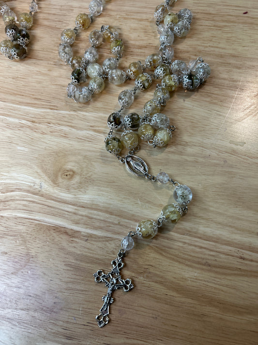 handmade rosary with flowers, silver hardware