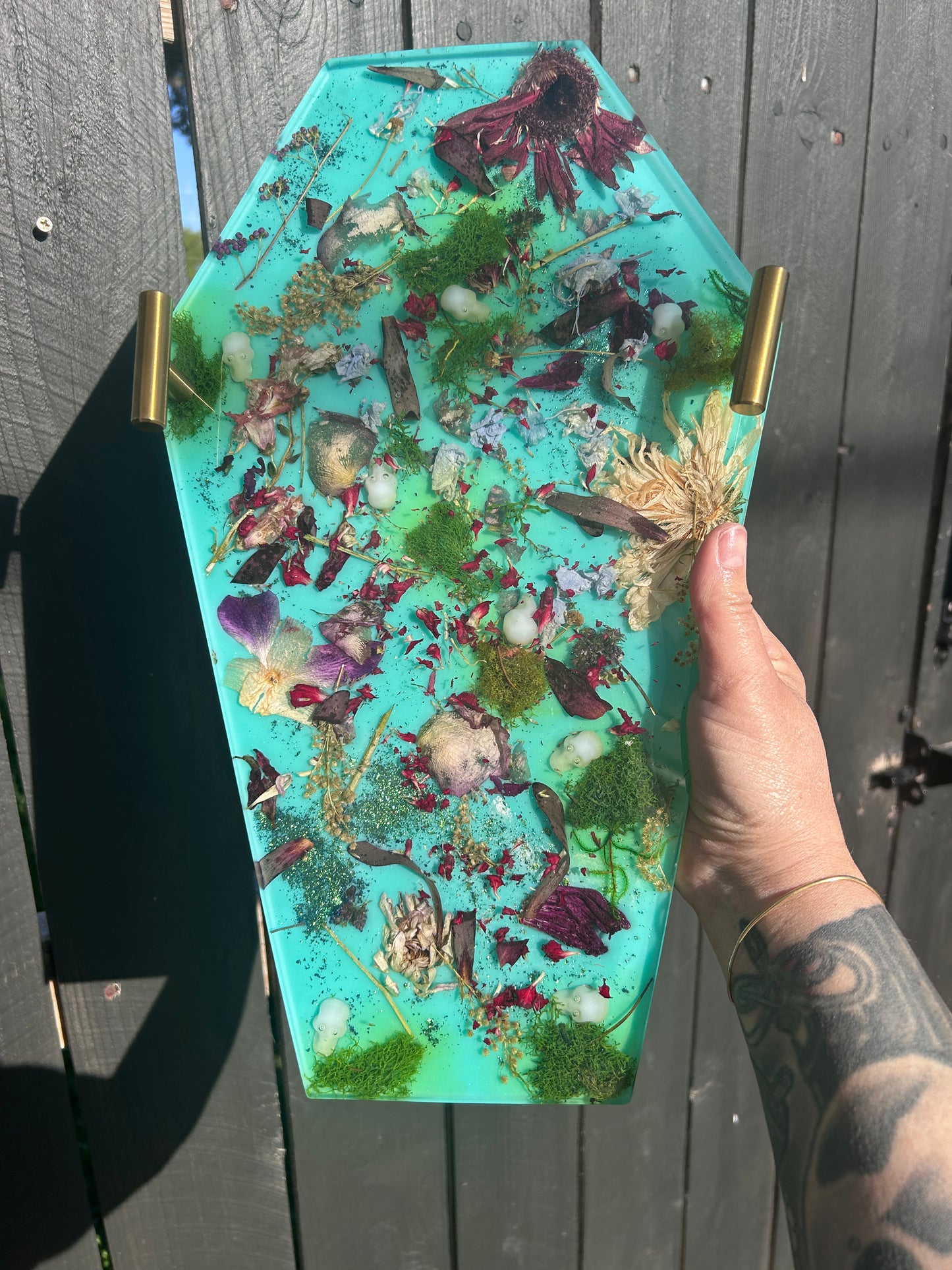 Coffin-Shaped Display Tray with Real Flowers & Glowing Skull