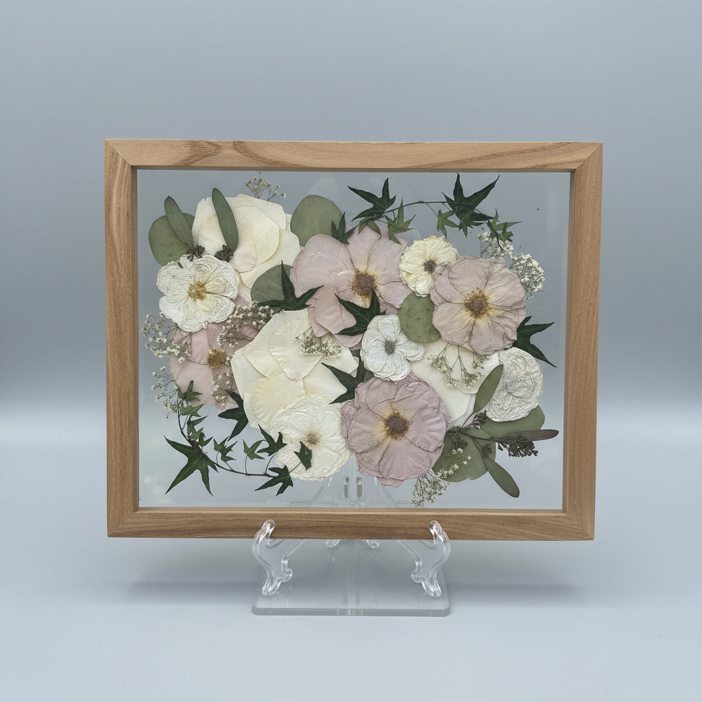 Pressed Frame with pink and white flowers on easel