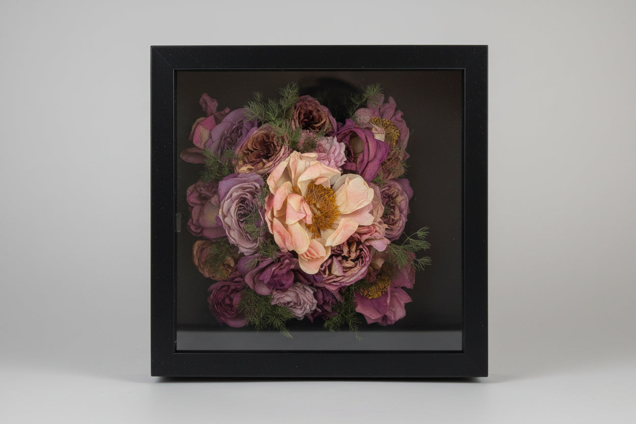 Framed floral arrangement with a black border