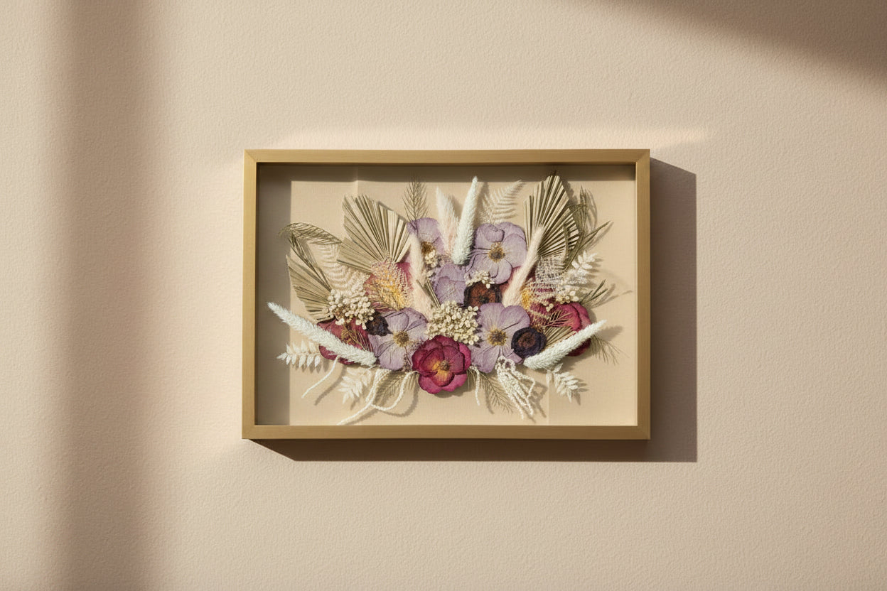 Framed artwork with floral design on a beige wall
