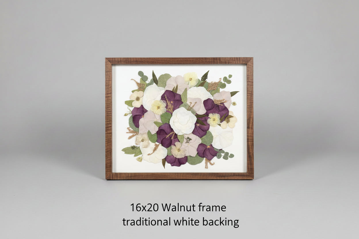 Framed floral artwork in studio with grey background