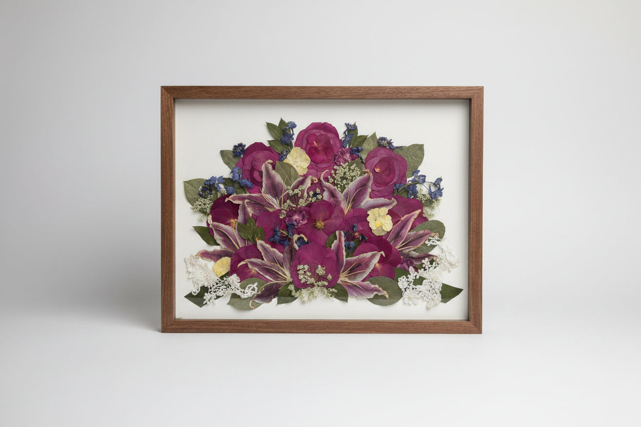 large pressed flower cherry frame wit lace