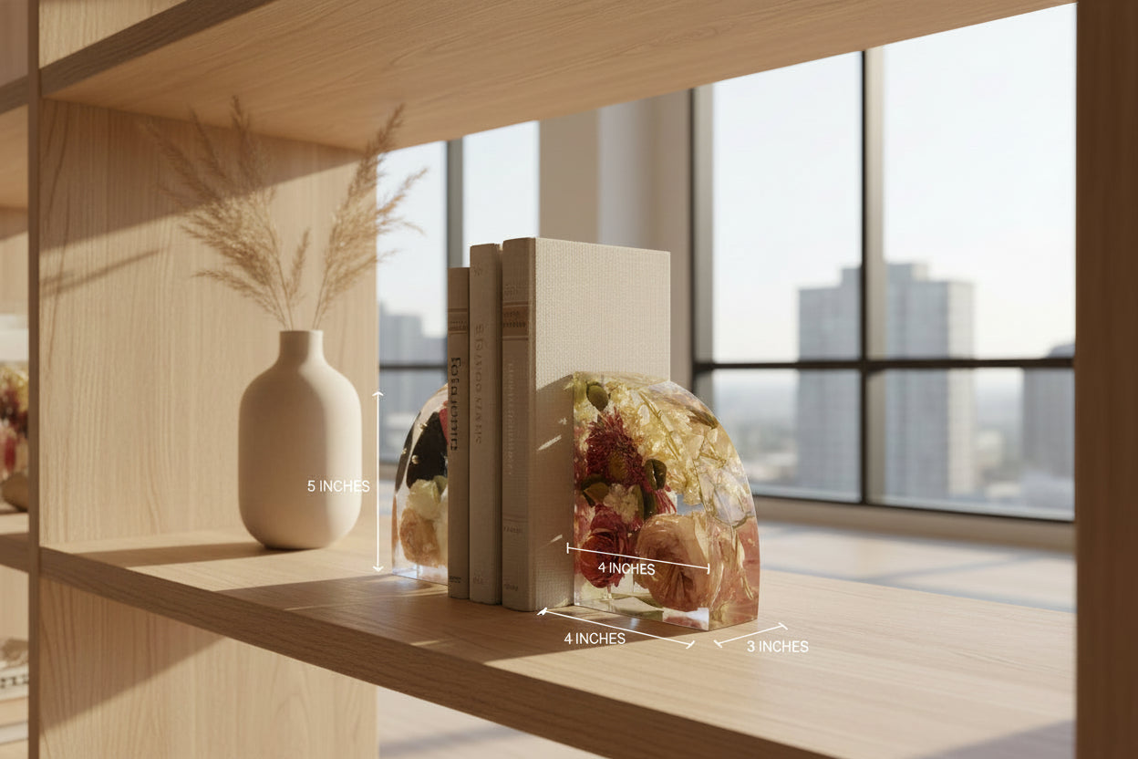 Clear acrylic bookends with preserved flowers holding a book on a white background