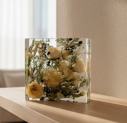 Handmade Floral Resin Block Keepsake for Weddings & Memorials
