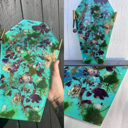 Coffin-Shaped Display Tray with Real Flowers & Glowing Skull