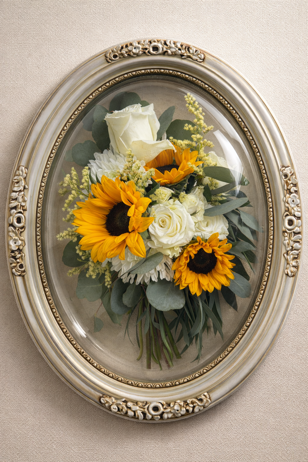 Decorative oval frame with a bouquet of sunflowers and white roses on a beige background