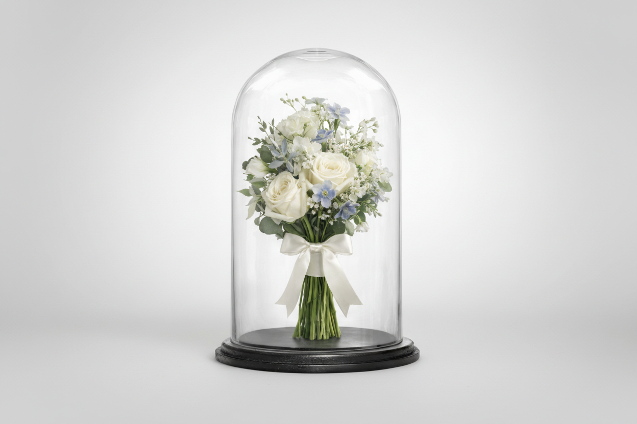 Bouquet of flowers under a glass dome white background
