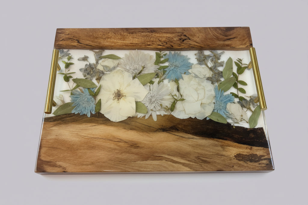 Wood and Resin dried Flowers Charcuterie board with gold handgles
