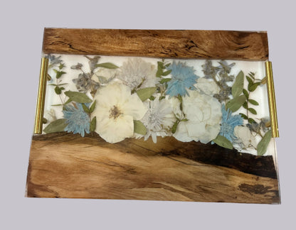 Wood and Resin dried Flowers Charcuterie board with gold handgles