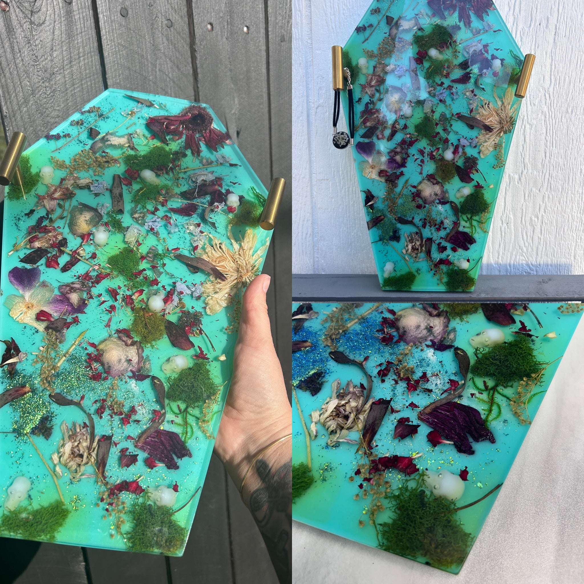 Coffin-Shaped Display Tray with Real Flowers & Glowing Skull