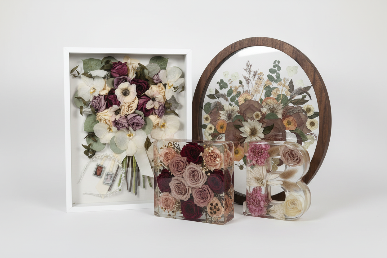 Set of pressed flower products including a bouquet, letter 'B', and circular frame on a white background.