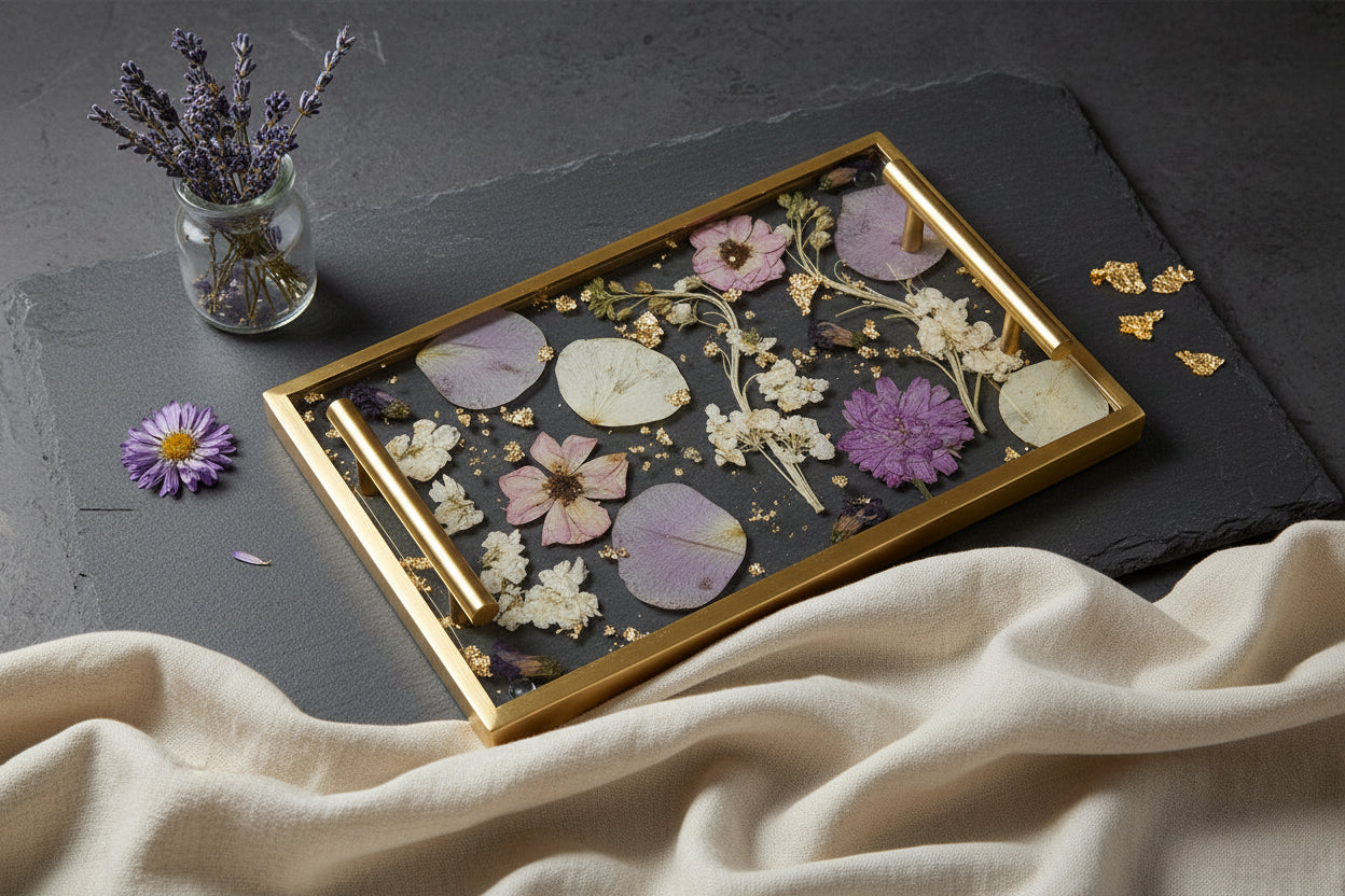 Decorative tray with pressed flowers and leaves on a black wooden surface
