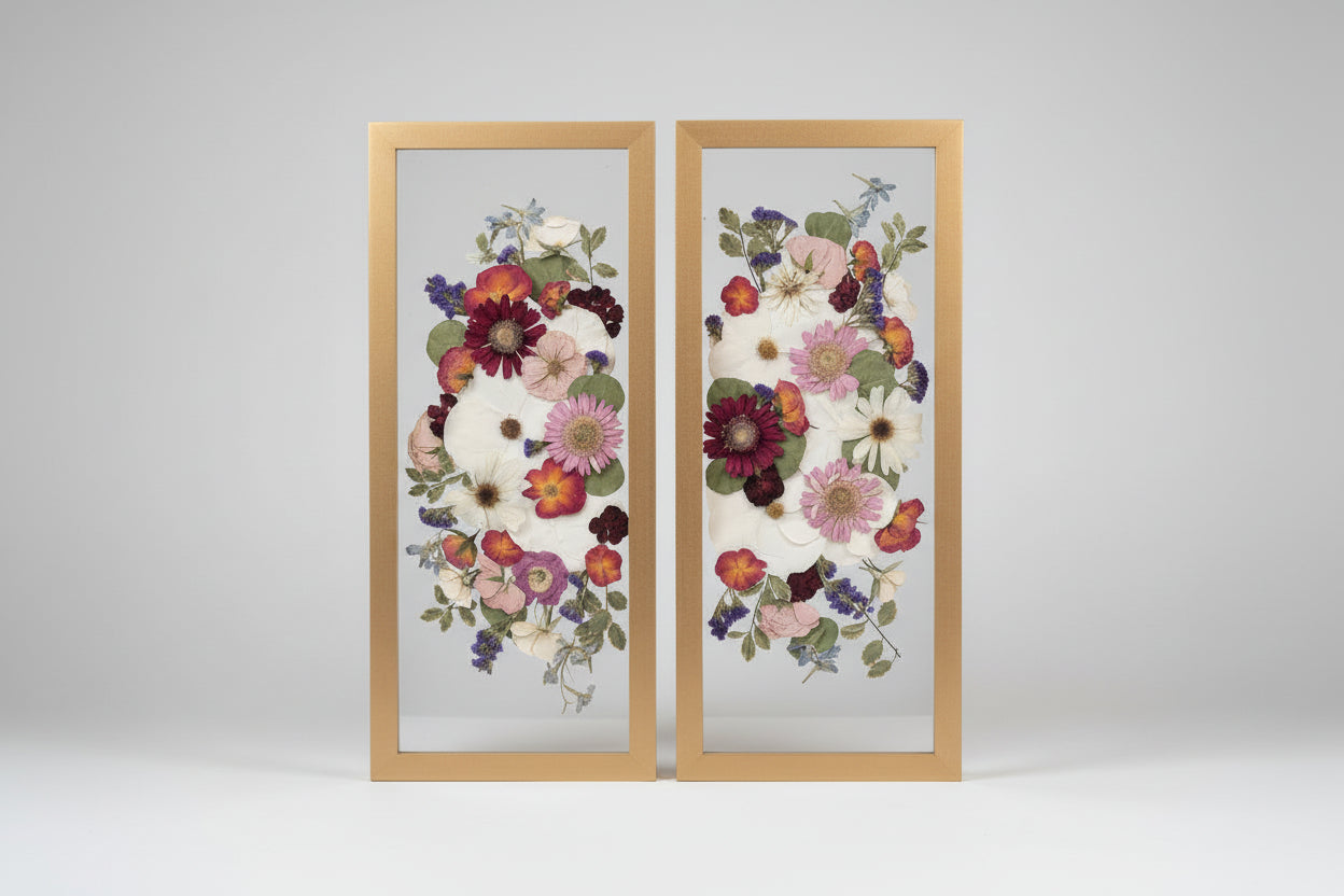2 wood frames with colorful flowers inside