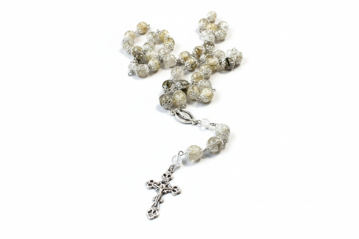 handmade rosary with flowers, silver hardware
