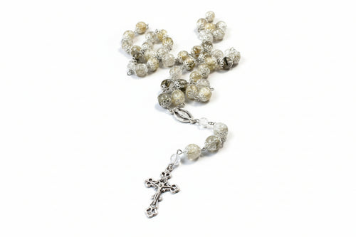 handmade rosary with flowers, silver hardware
