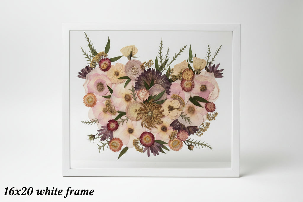Custom White Wood Frame dried pressed wedding flowers pinks, purples reds