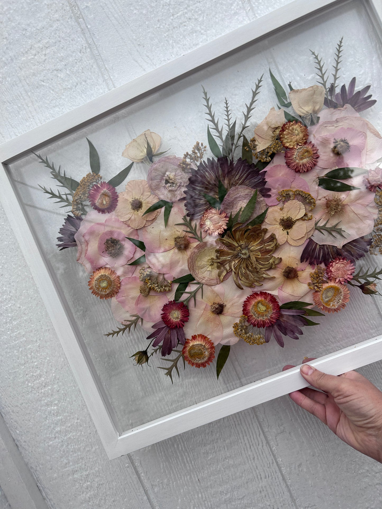 Custom White Wood Frame dried pressed wedding flowers pinks, purples reds