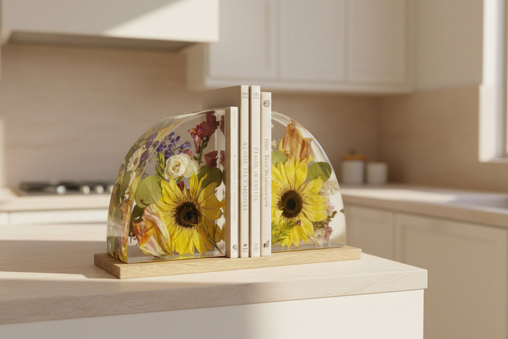 Resin Book Ends with sunflowers inside
