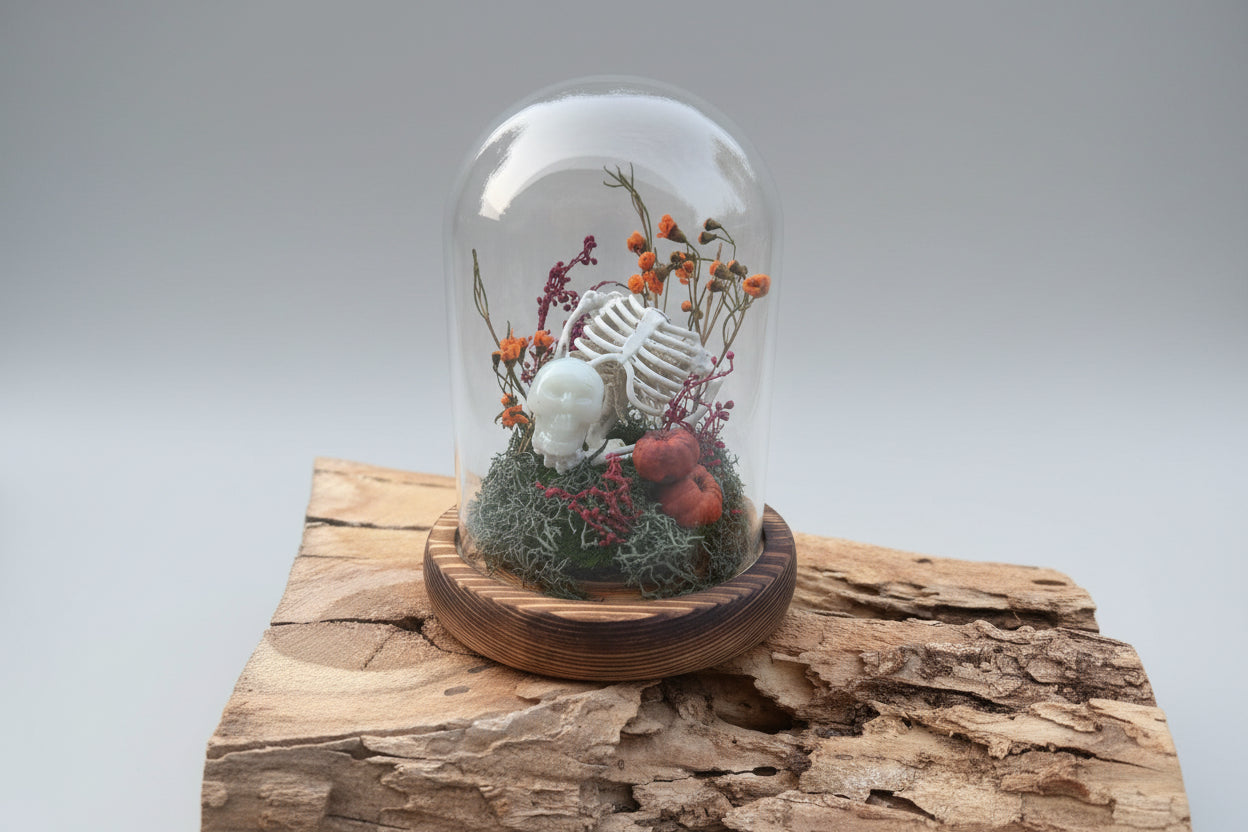 Decorative terrarium with plants and a skeleton hand on a wooden surface
