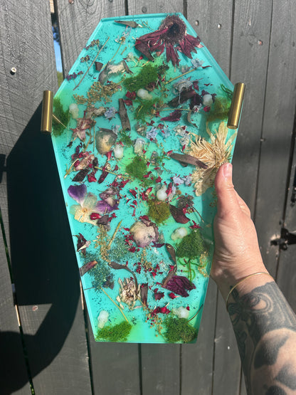 Coffin-Shaped Display Tray with Real Flowers & Glowing Skull