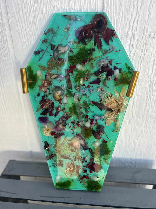 Coffin-Shaped Display Tray with Real Flowers & Glowing Skull