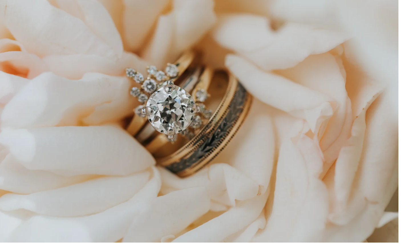 A close-up wedding ring photo  showing two gold wedding bands with a sparkling diamond engagement ring nestled in pale peach roses.