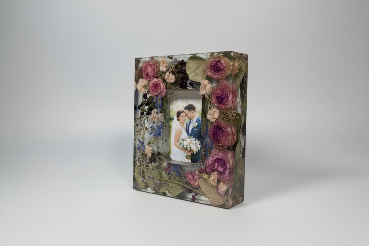 large resin floral block with picture of a couple