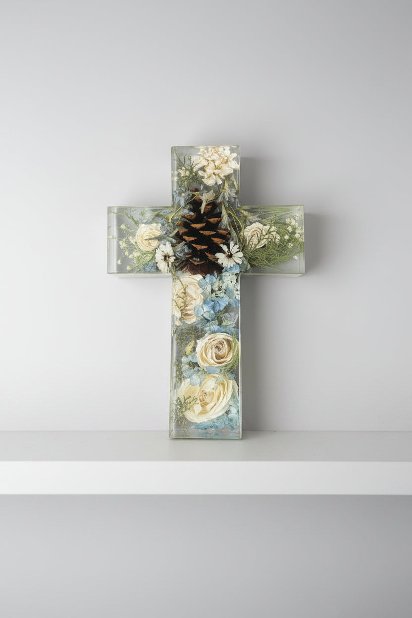 Large Floral Resin Cross with white and flue flowers
