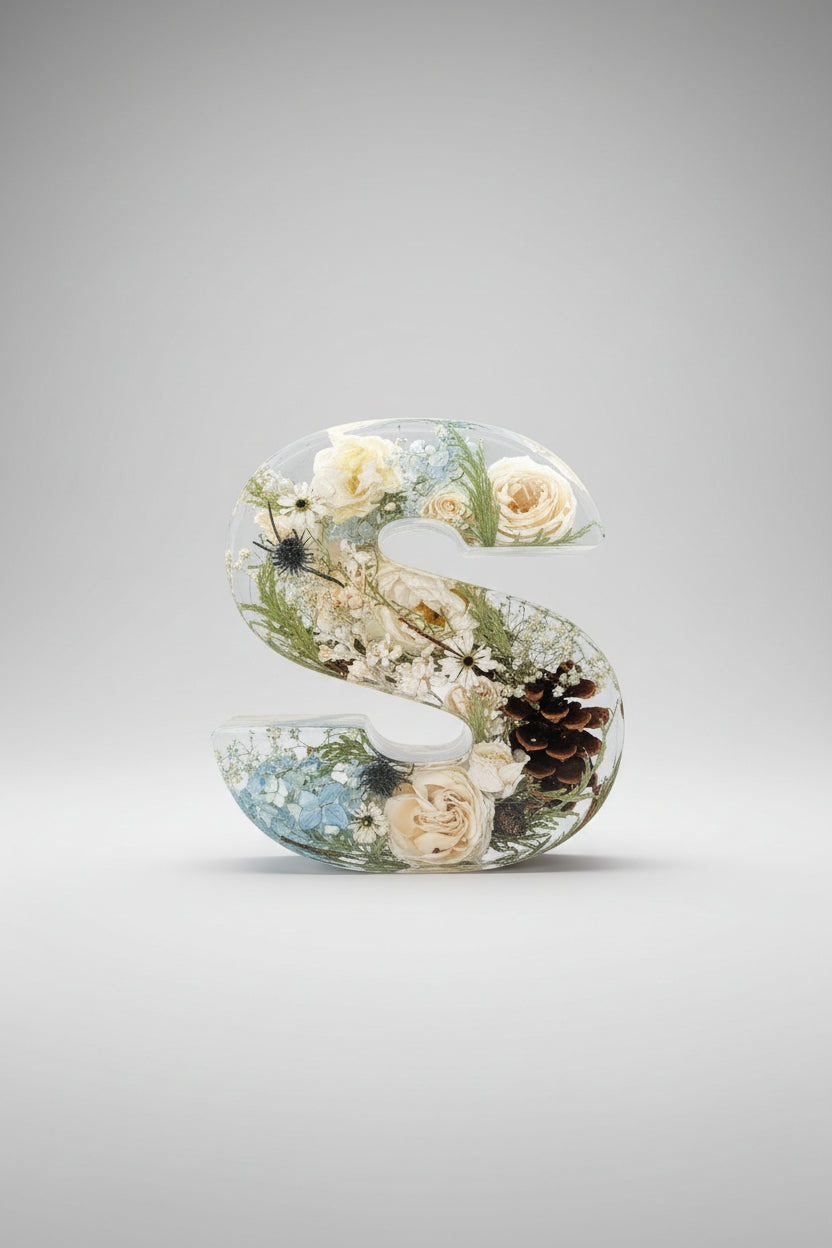 Large Resin Letter S with white and blue flowers