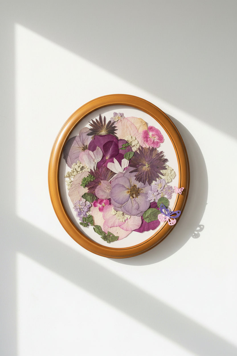 Pressed oval shape frame with purple and pink flowers on a white wall