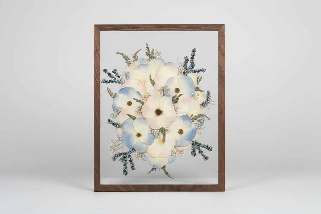Framed artwork of flowers on a light gray surface