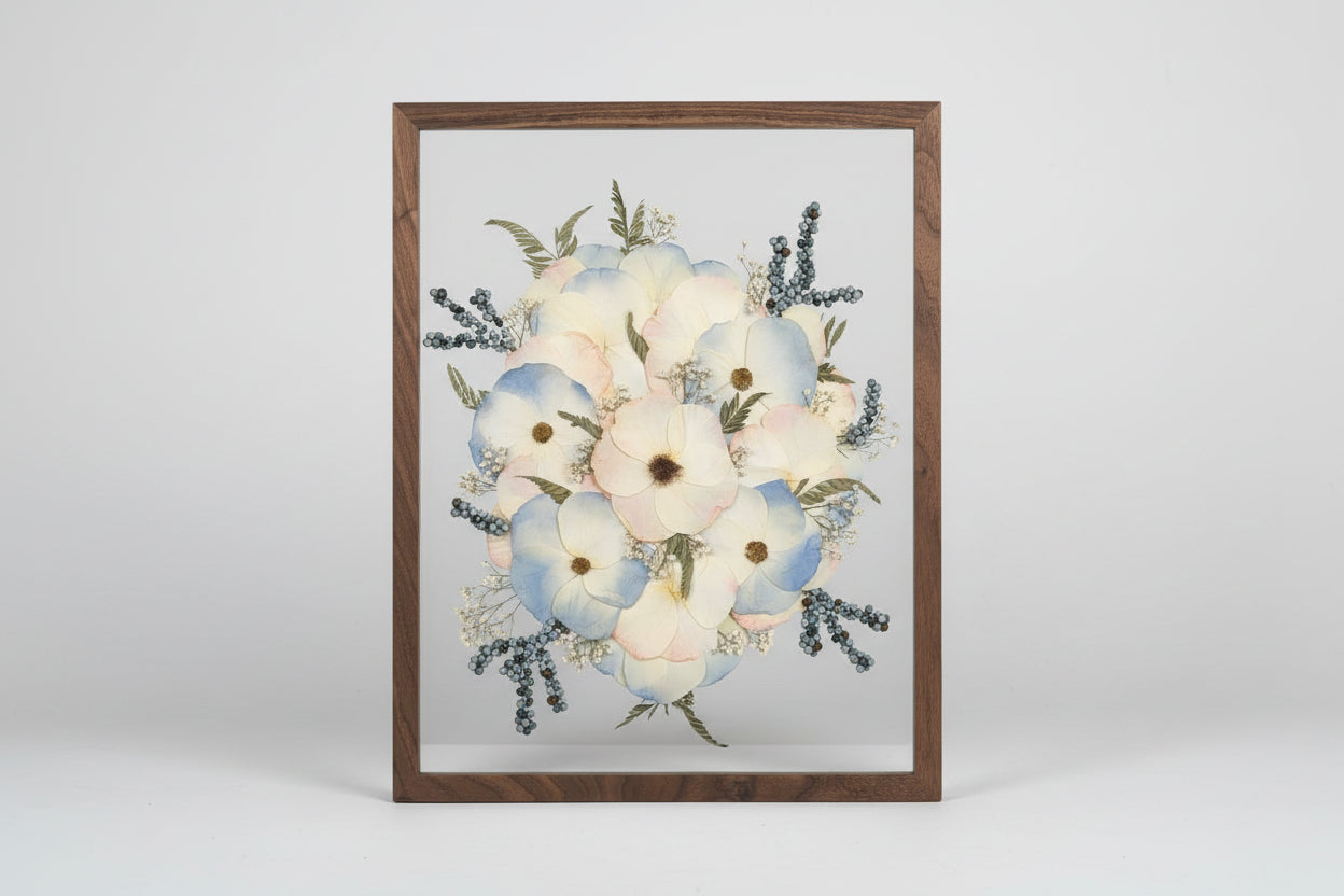Framed artwork of flowers on a light gray surface