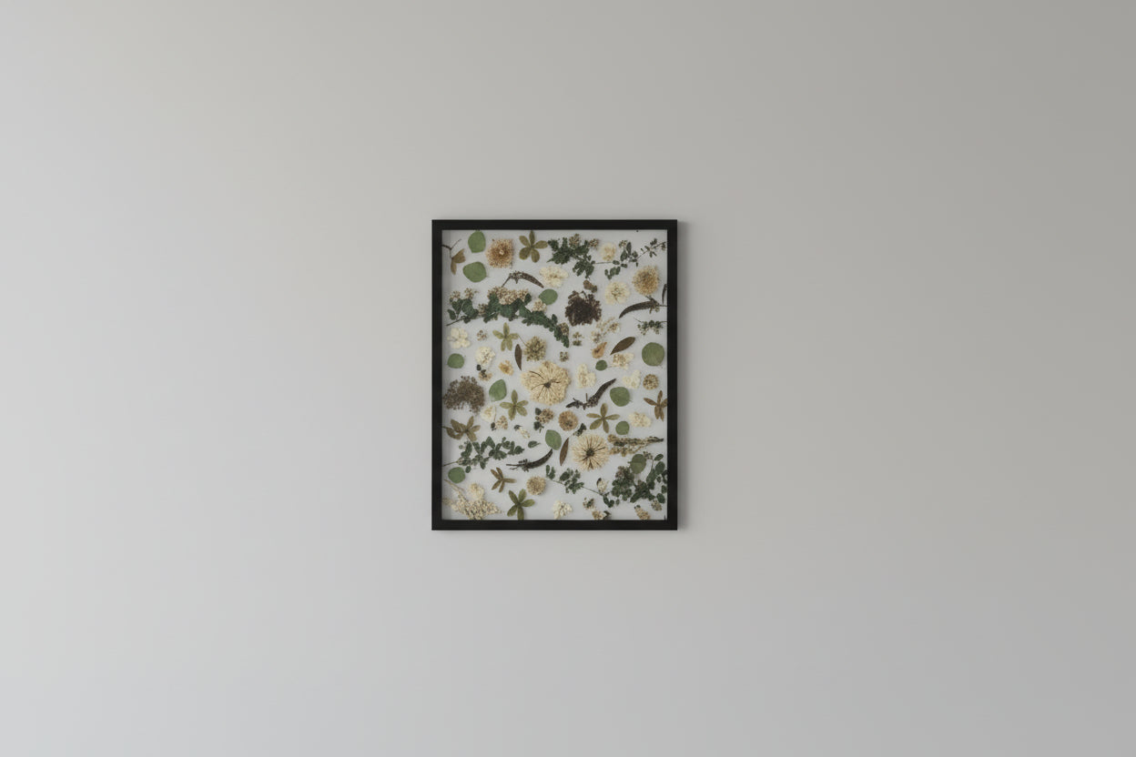 deconstructed  flowers in a pressed black frame with white background