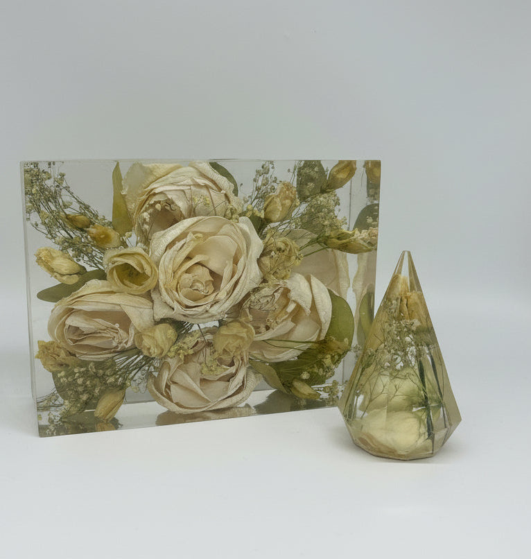 Rectangle resin floral block and ring holder with white roses and other flowers