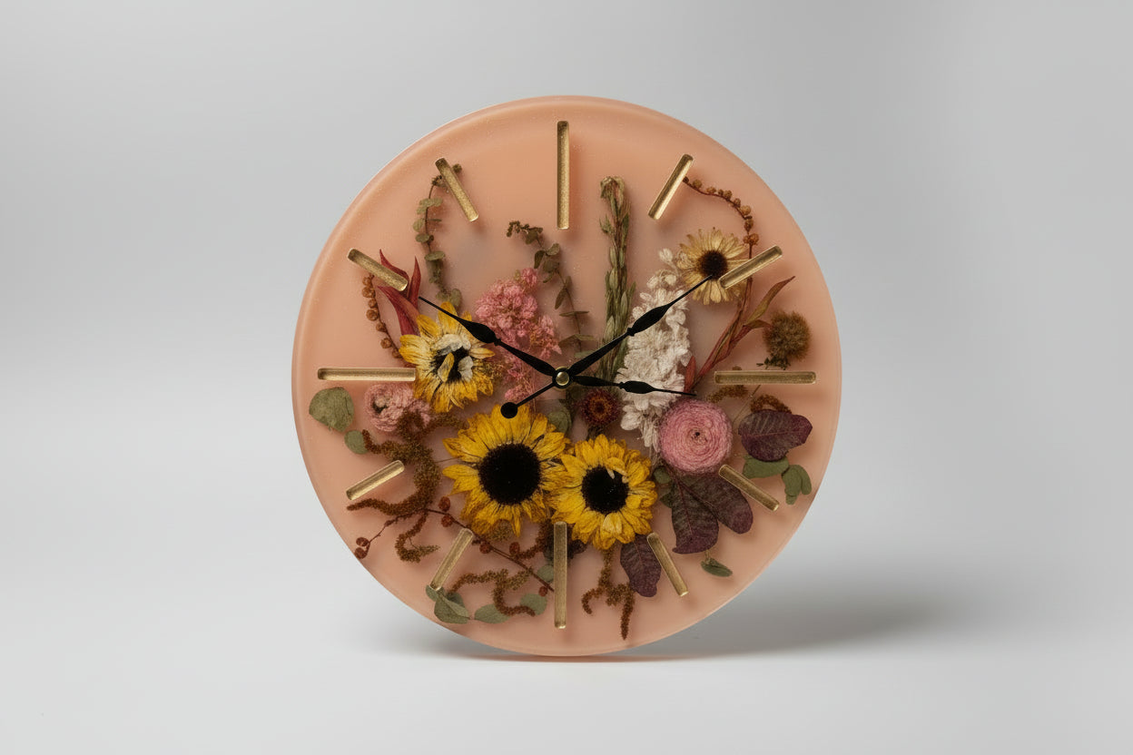 Decorative clock with flowers and gold accents on a grey surface