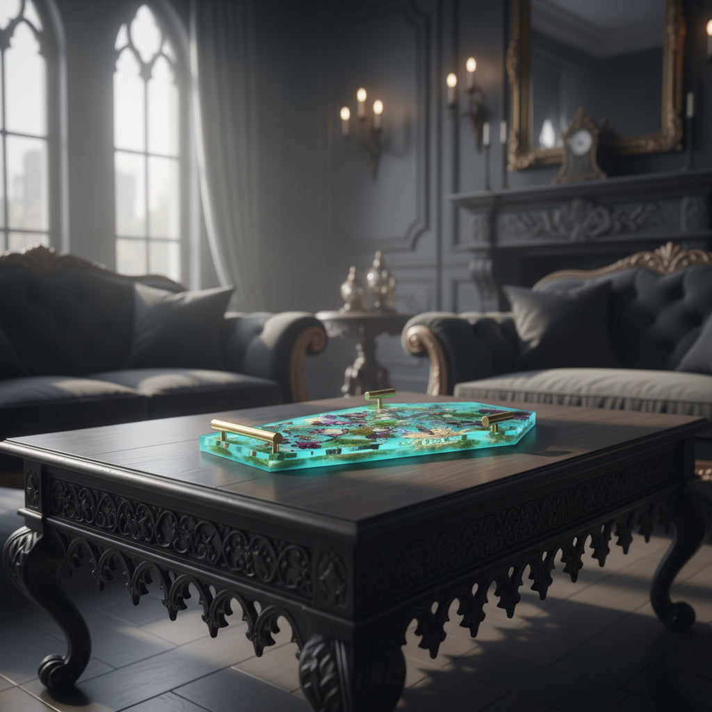 Decorative coffin-shaped object with floral design on a light gray background