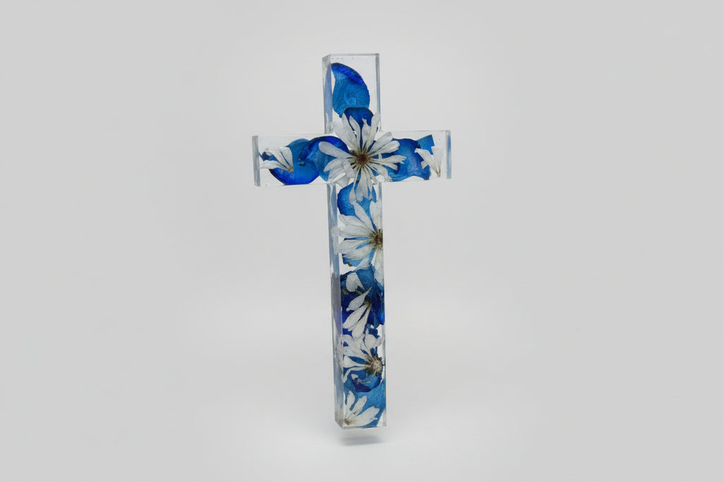 Resin Cross with blue and white flowers