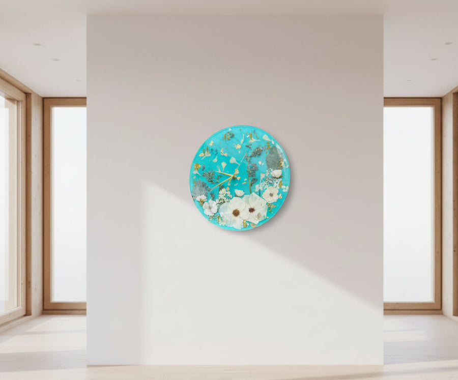 Resin White Flowers Wall Clock with Gold Accents