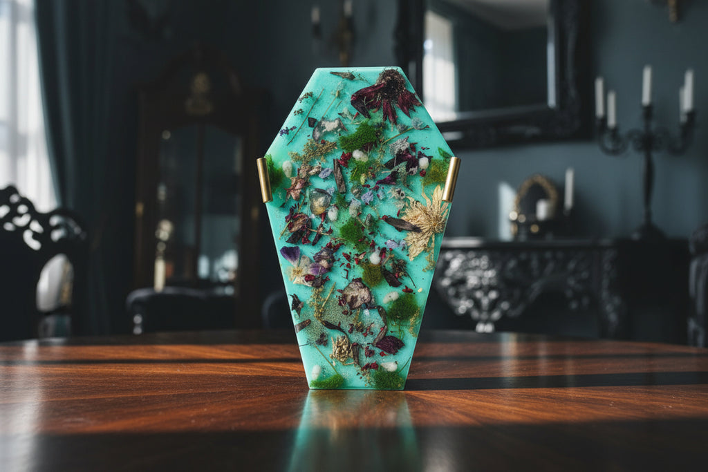 Floral-patterned coffin-shaped product on a light black and grey living room background