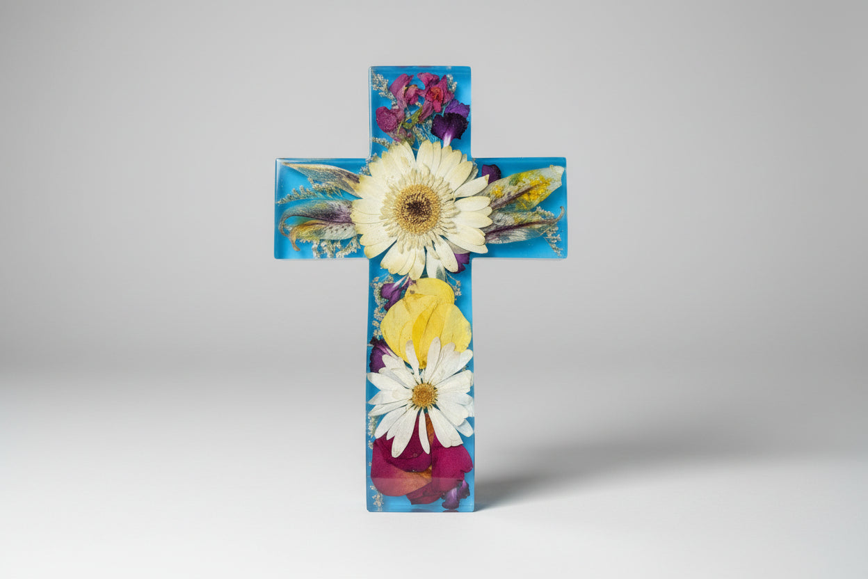Decorative cross with pressed flowers held by a hand against a grassy background