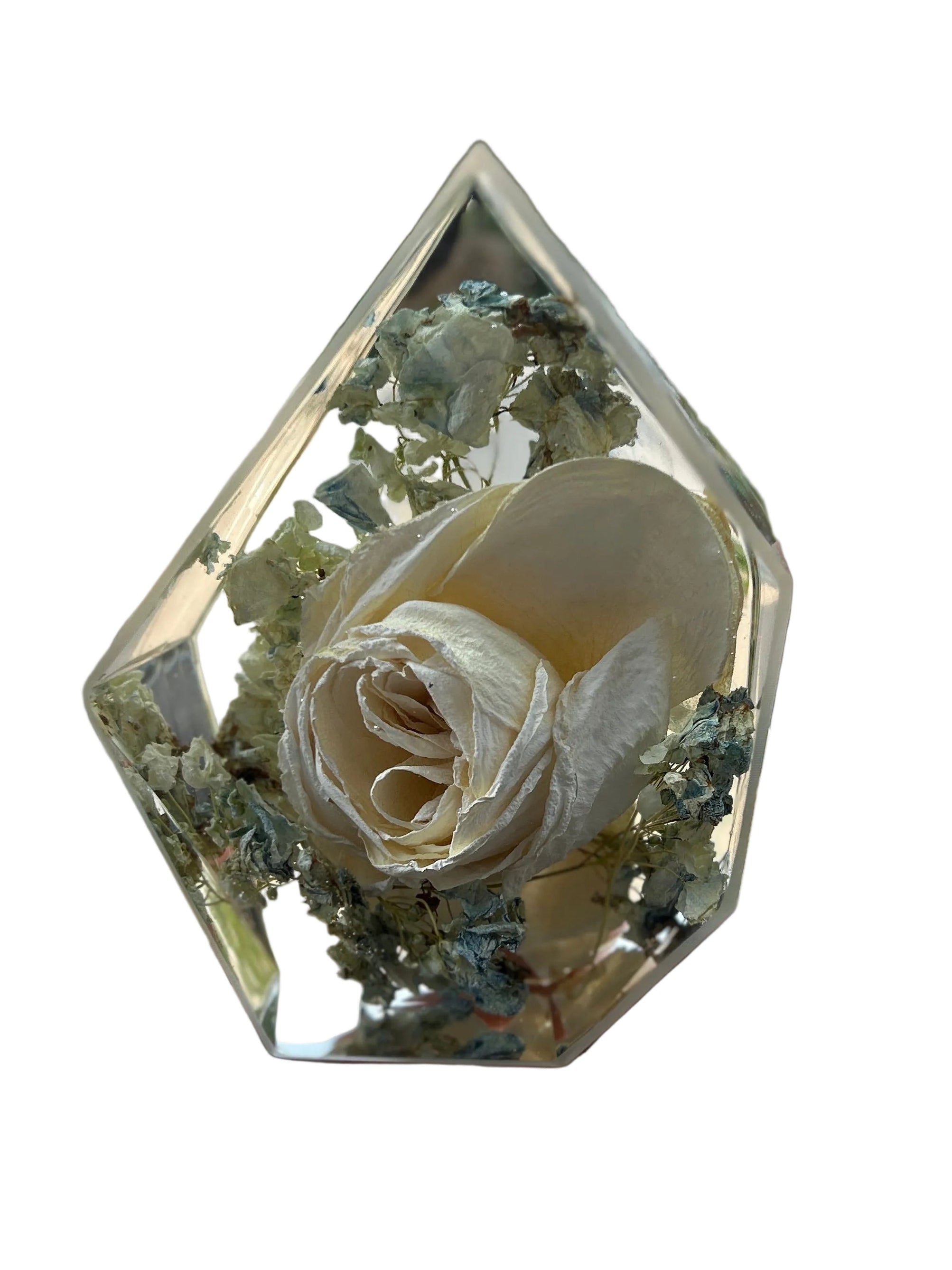 resin gemstone with white rose and blue hydrangea inside