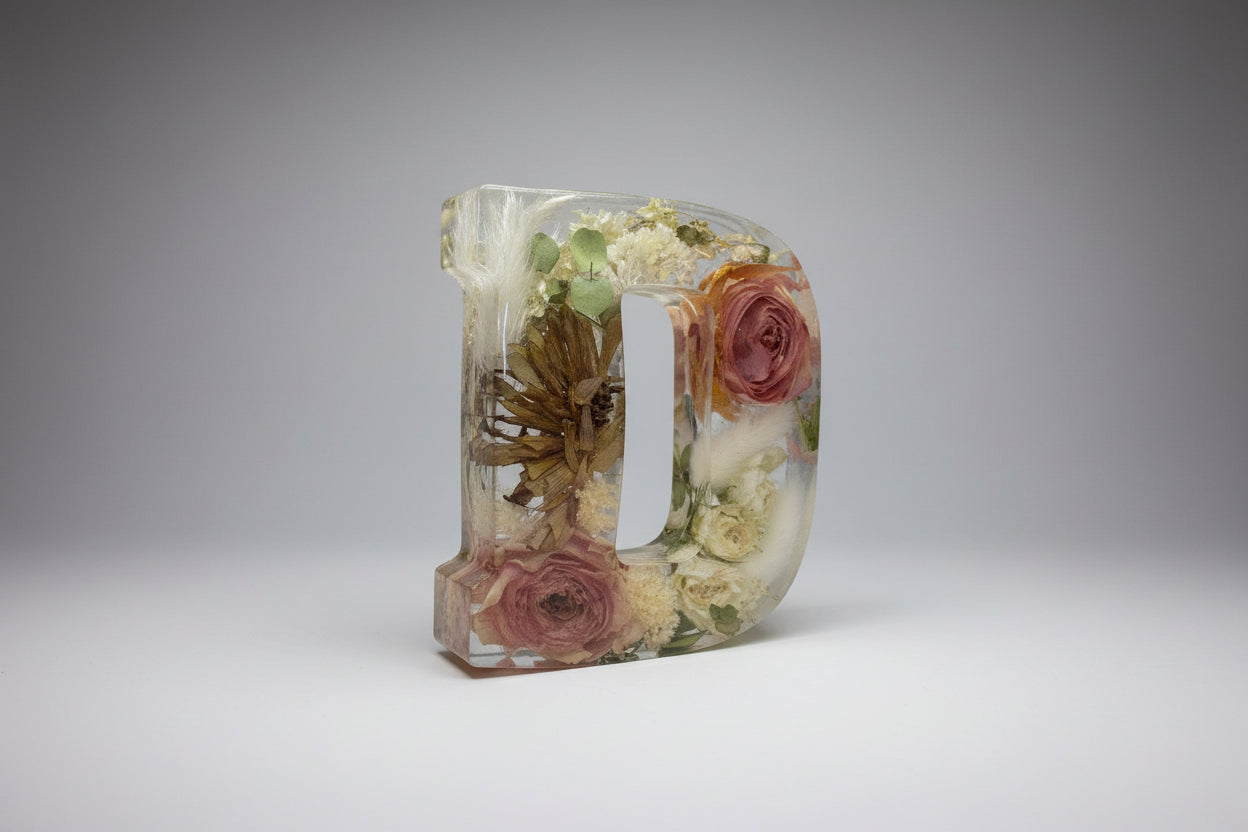 Decorative letter D made of clear resin with preserved flowers flowers on a gray surface.