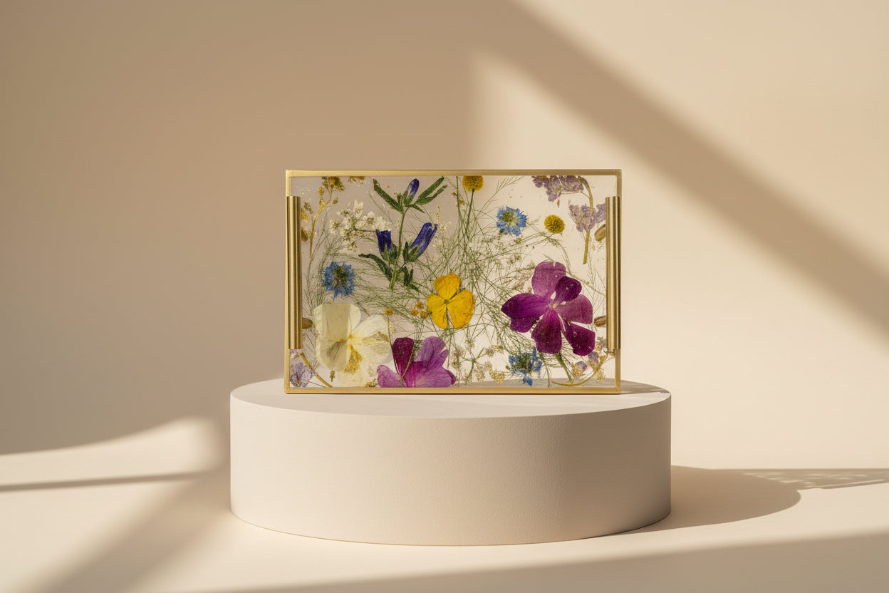 Pressed flowers in a gold frame on a marble surface