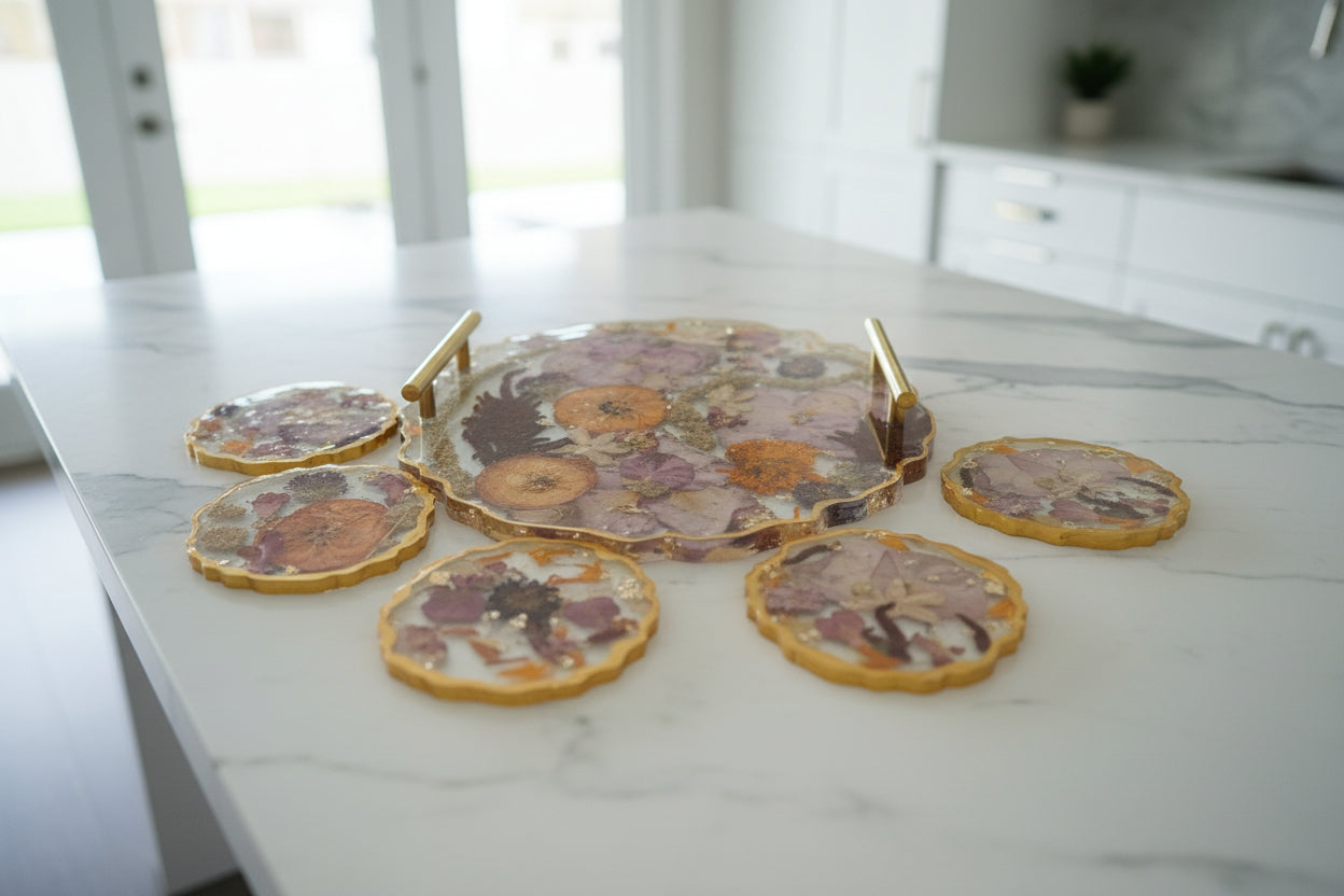 Decorative Tray Coaster Set sitting on kitchen island