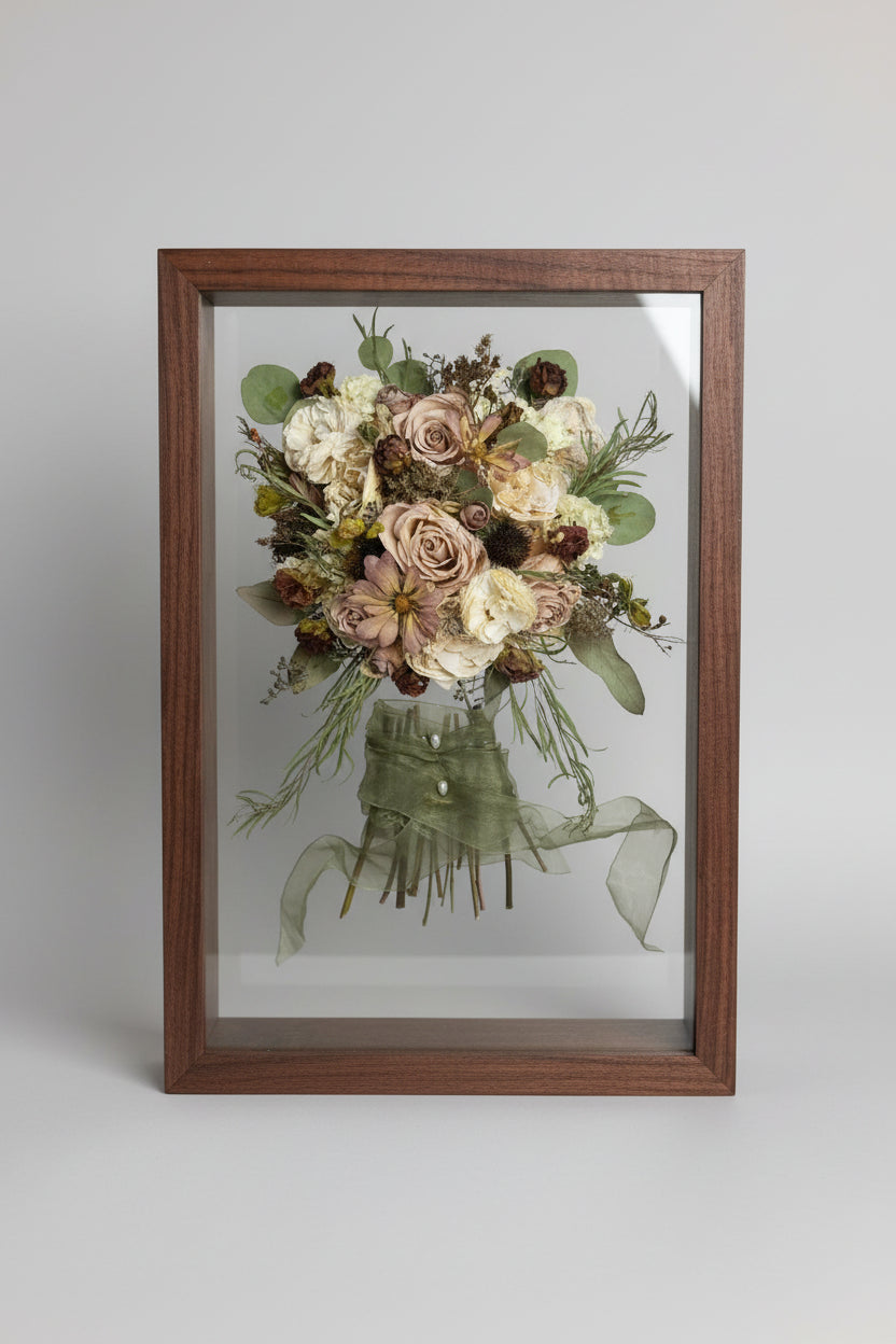 shadowbox with preserved flower bouquet