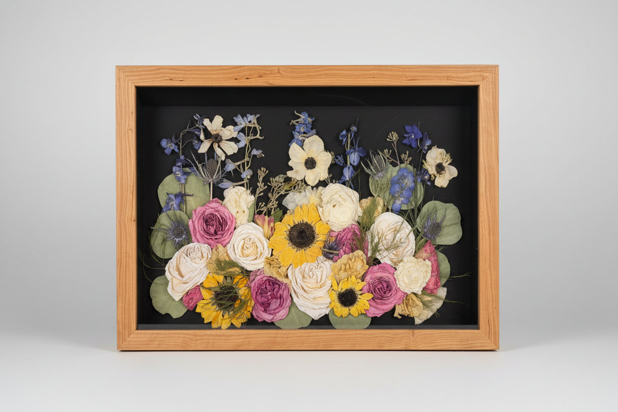 Wood Shadowbox with colorful flowers inside