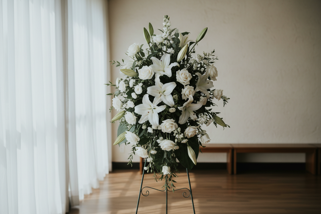 Funeral Spray of flowers in a room