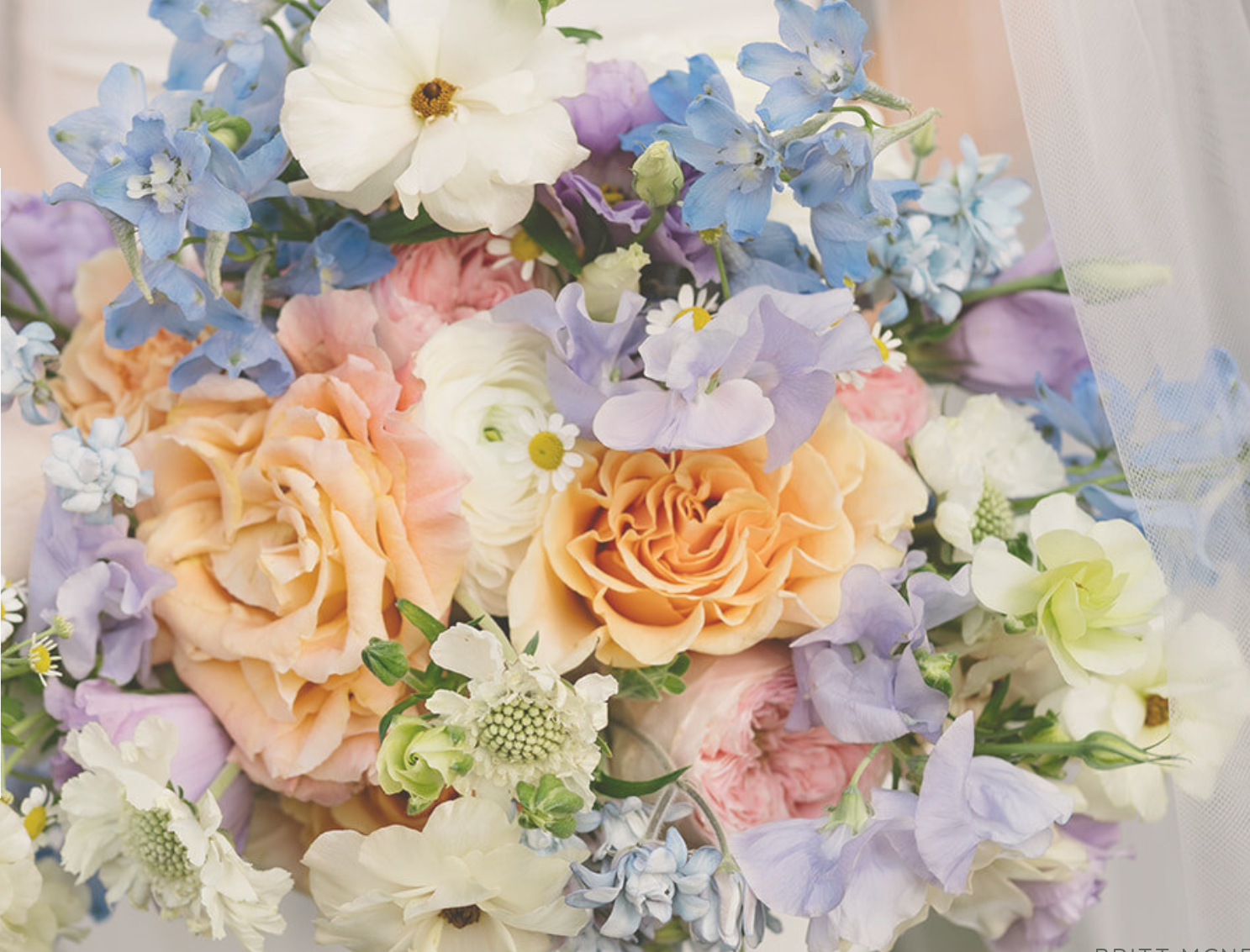 a website page for Wedding and Events, featuring a large floral bouquet photo with a white welcome card overlay on the left.