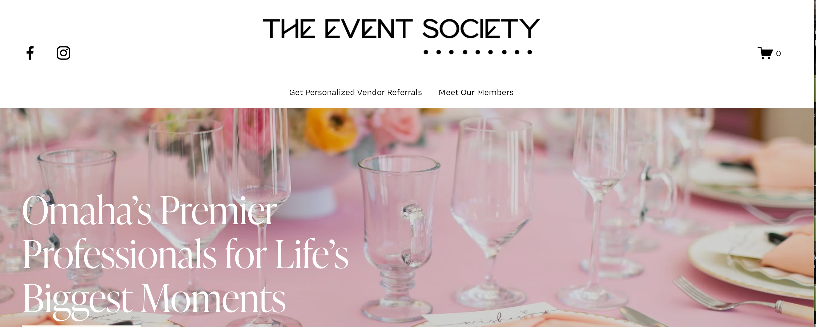 the Event Society website, featuring a banner with tableware on a pink tablecloth and the text 'Omaha's Premier Professionals for Life's Biggest Moments'.